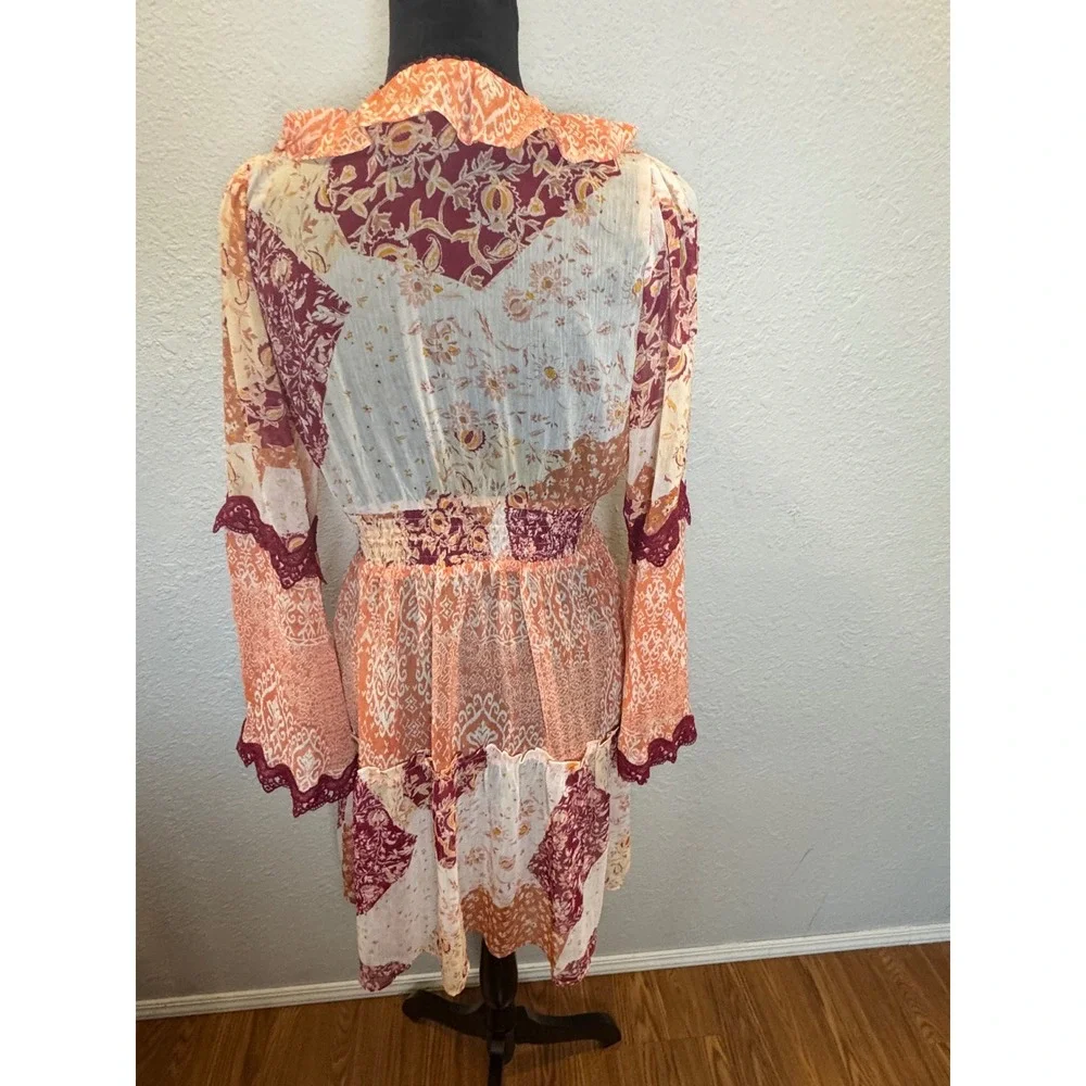 Miss Me Boho Patchwork Floral Lace Trim V-Neck Mini Dress Orange Burgundy Small